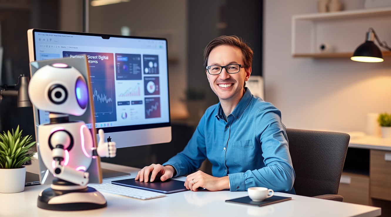 AI robot and happy small business owner collaborating on a modern website interface with digital marketing tools.