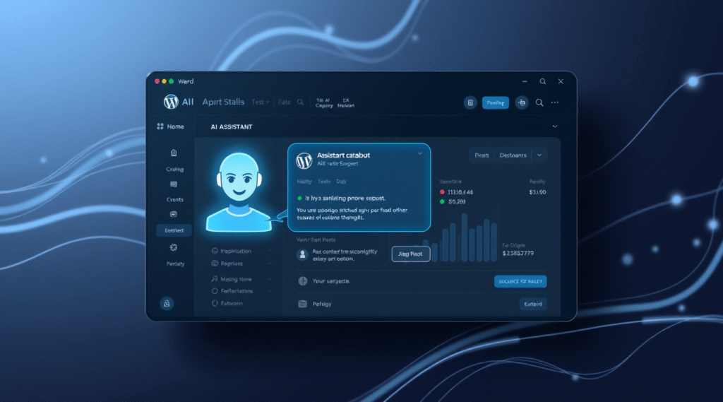 Sleek AI chatbot in WordPress dashboard with web design, data flow, digital marketing, and user-friendly tech.