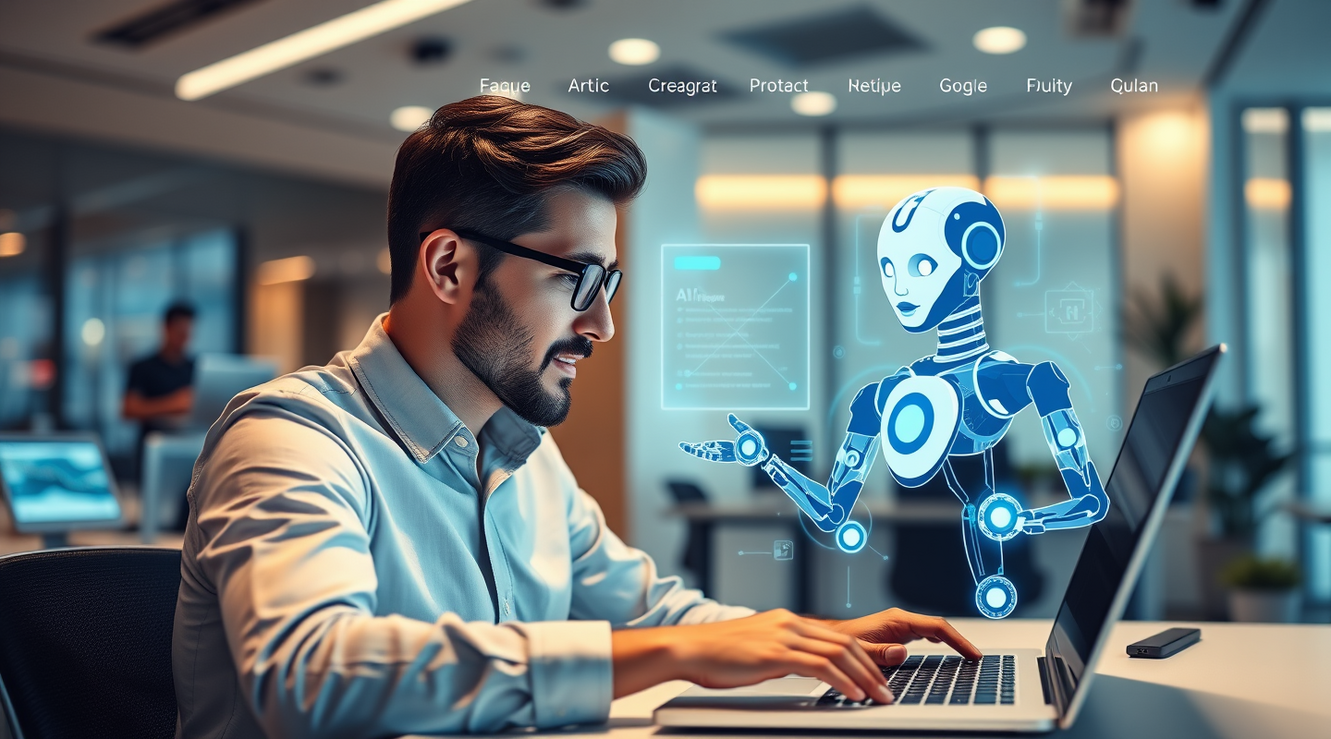 Futuristic website with AI agent interacting with owner, highlighting automation and intelligent digital presence.